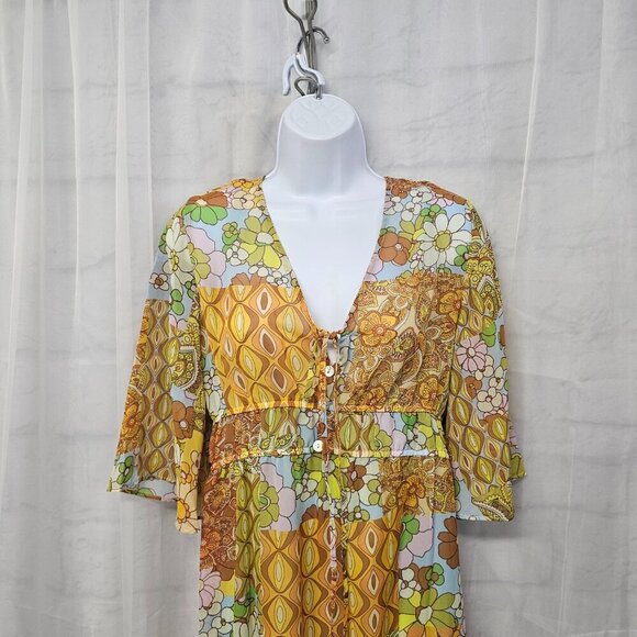 NWOT Emma & Michelle Orange Blue Floral Patchwork Hippie Dress Maxi Boho S - Picture 2 of 13